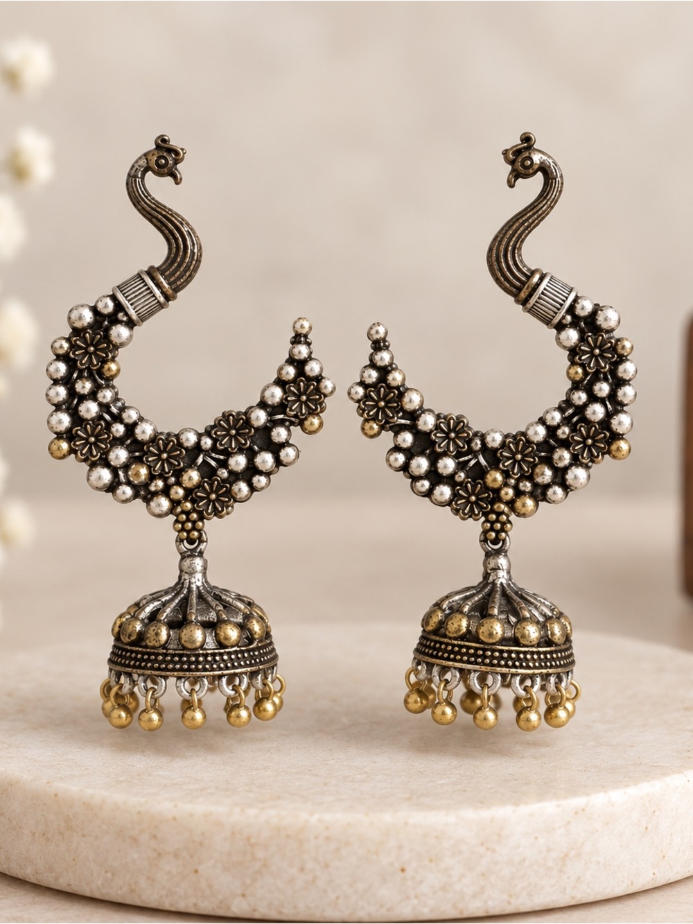 Traditional Two-Tone Peacock Jhumka Earrings - Silver & Gold